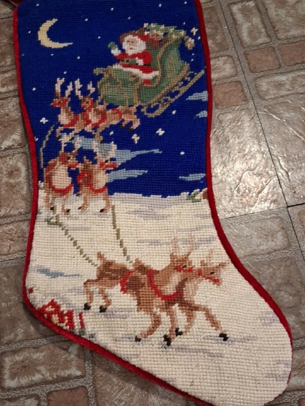 Festive Santa Sleigh Needlepoint Christmas Stocking - Blue & White